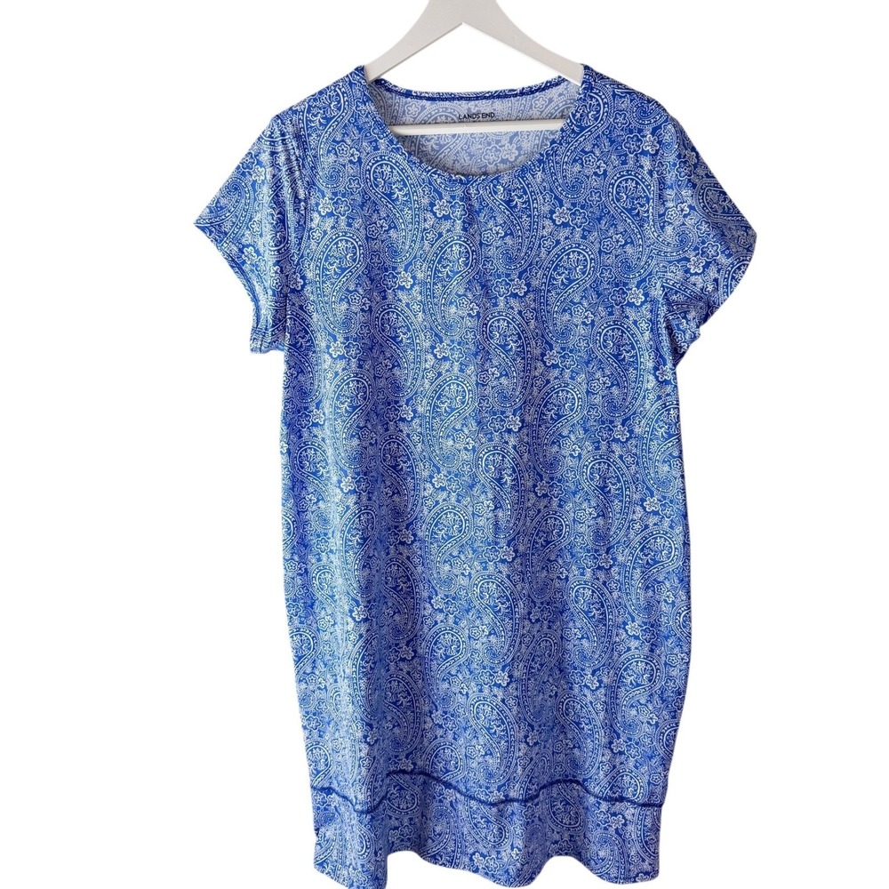 Lands End Womens Blue White Paisley Short Sleeve Swim Dress Cover Up XL 18
